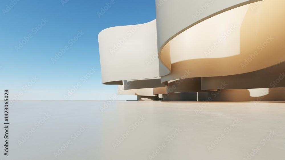 Poster 3d illustration of abstract architecture background, geometric architectural with wavy curve design, Empty floor for car presentation