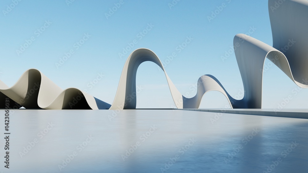 Poster 3d illustration of abstract architecture background, geometric architectural with wavy curve design, Empty floor for car presentation