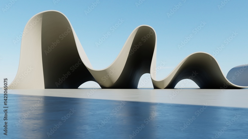 Poster 3d illustration of abstract architecture background, geometric architectural with wavy curve design, Empty floor for car presentation