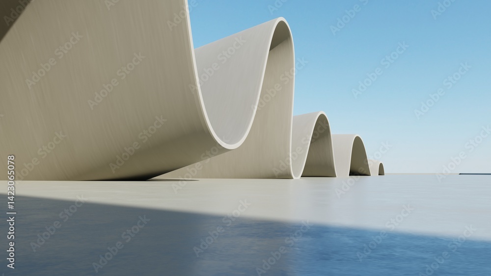 Fototapete 3d illustration of abstract architecture background, geometric architectural with wavy curve design,