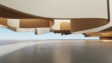 3d illustration of abstract architecture background, geometric architectural with wavy curve design, Empty floor for car presentation