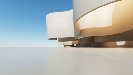 3d illustration of abstract architecture background, geometric architectural with wavy curve design, Empty floor for car presentation