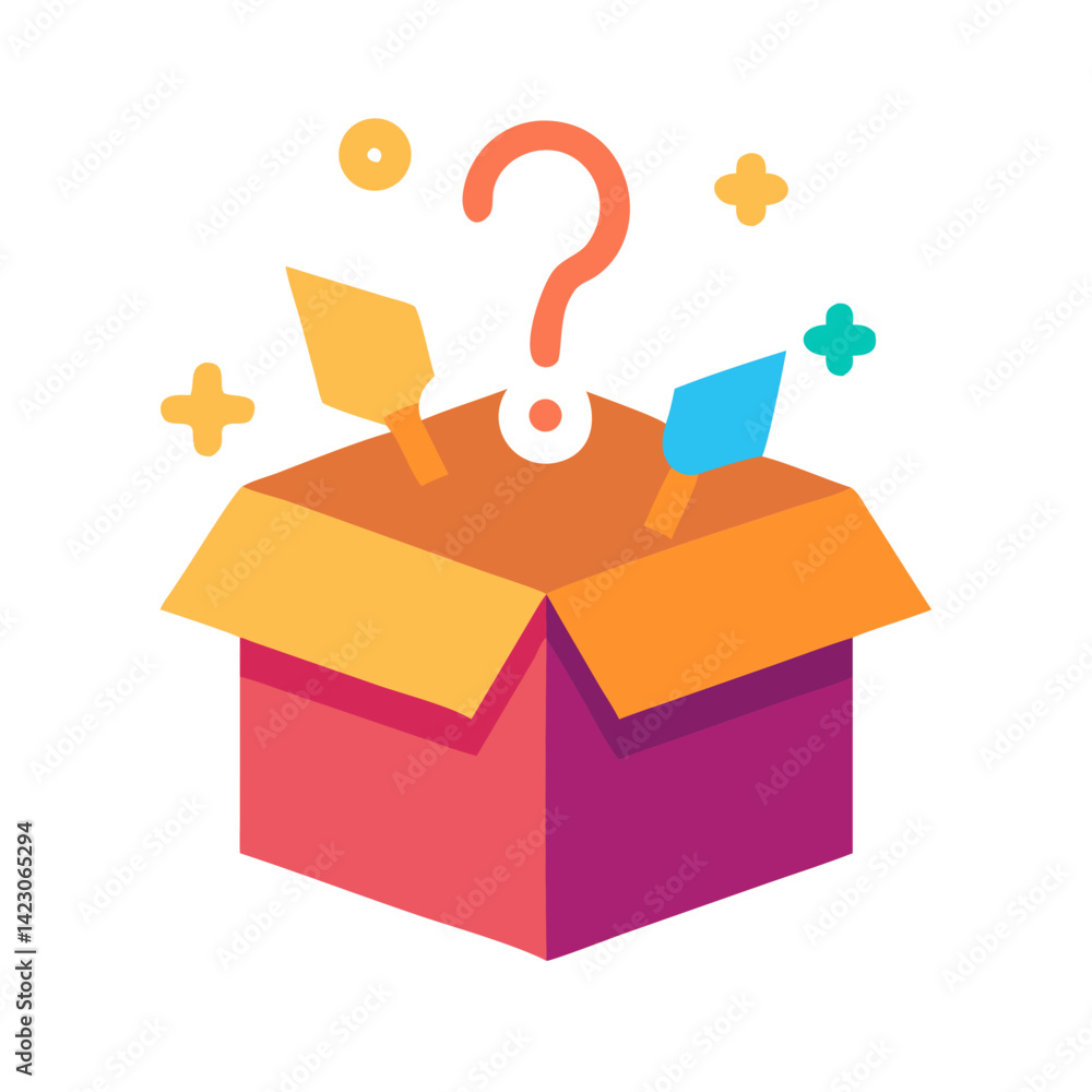Poster colorful open mystery box with sparkles and question mark
