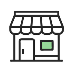 Minimal shop icon with black outline and green sign