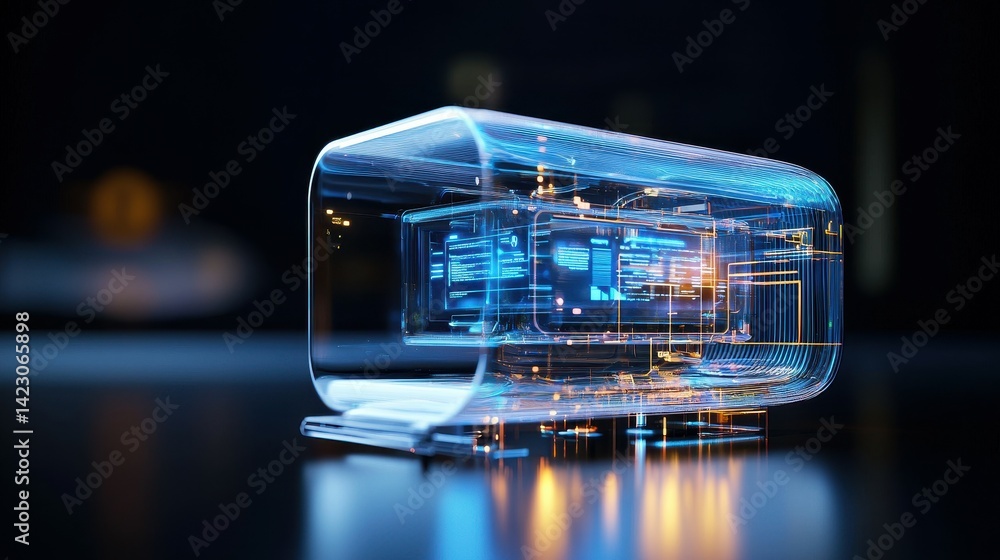 Poster futuristic transparent computer processor with glowing blue circuitry.