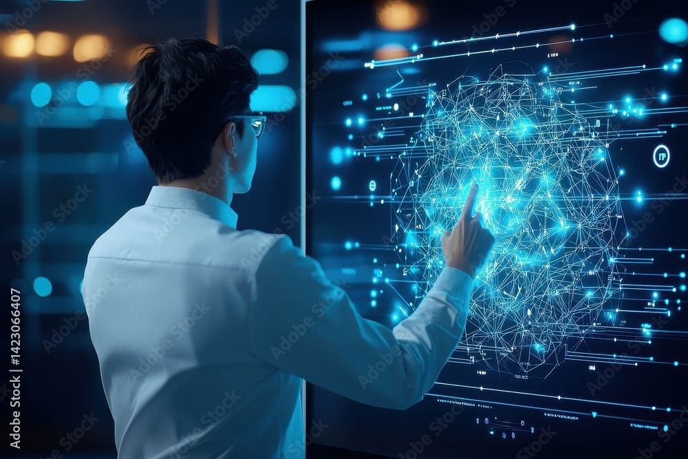 Poster male professional interacting with advanced digital interface displaying neural network data.