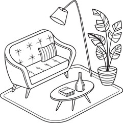Fototapeta premium Modern Living Room Line Art – Sofa, Lamp, Coffee Table and Plant Interior Illustration