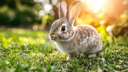 Fluffy bunny sits in a grassy field, bathed in sunlight.