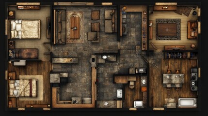 Detailed topdown view of an elaborate rusticthemed apartment floor plan