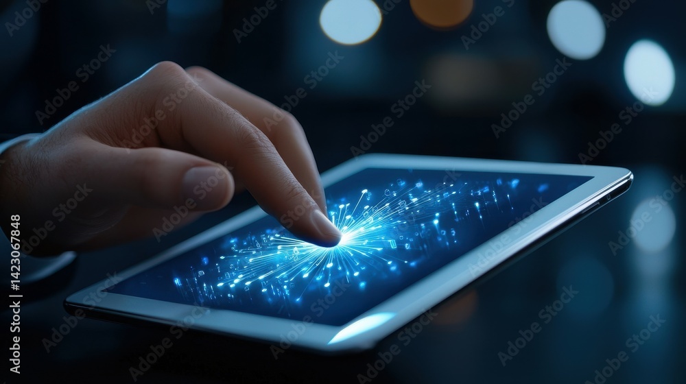 Aufkleber a close-up of a hand interacting with a glowing tablet screen, creating digital effects.
