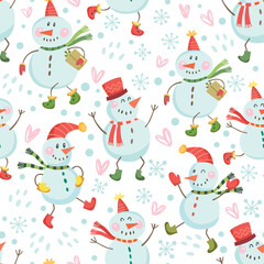 Seamless pattern with cute snowmen