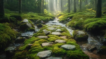 A charming stone path winds through the heart of the park, its surface dotted with moss and fallen leaves.