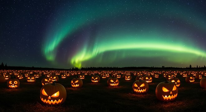 Field of Glowing Pumpkins Under Aurora Borealis at Night