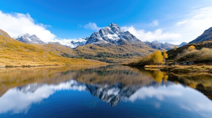Serene alpine lake reflecting snow-capped peaks under a vibrant blue sky. Autumn foliage surrounds the tranquil water