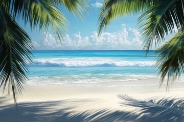 Tropical Beach with Palm Leaves and Turquoise Sea