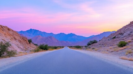 Empty road stretching into a vibrant sunset mountain vista.  Desert landscape bathed in pastel hues of pink and purple