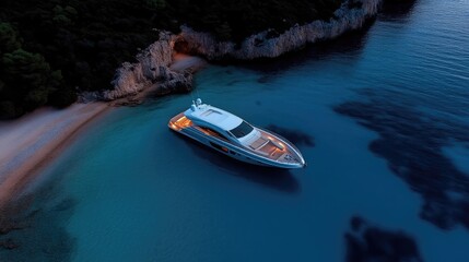 Obraz premium Luxury yacht anchored at a secluded beach at twilight. Tranquil scene of a private getaway
