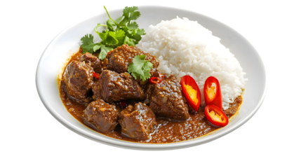 Hearty beef stew with rice cilantro garnish appetizing food photography for culinary websites and menus