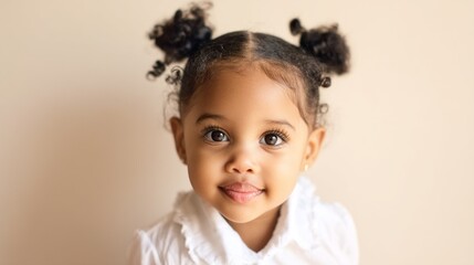 Naklejka premium Bright-eyed girl beams with a cheerful smile, her playful pigtails framing her sweet face against a softly colored background. Her joyful spirit radiates warmth and happiness