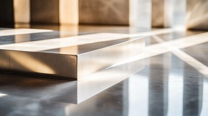 Rectangular architectural structure and reflected natural sunlight create shadows