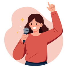 Young woman singing with microphone in red sweater cheerful expression vector illustration 