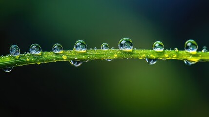 Close up of a vibrant green plant stem with water droplets