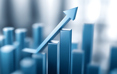 Clear blue upward arrow on a financial bar graph signifying positive growth trend in business