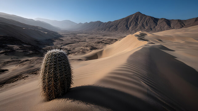 A lone cactus in the middle of an empty desert, surrounded by smooth sand dunes.


