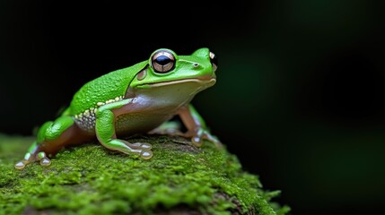 Naklejka premium Vibrant green frog perched on mossy log