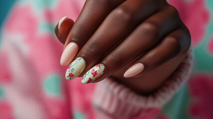 Naklejka premium Pastel almond nails with soft floral accents on a graceful female hand, creating a dreamy look