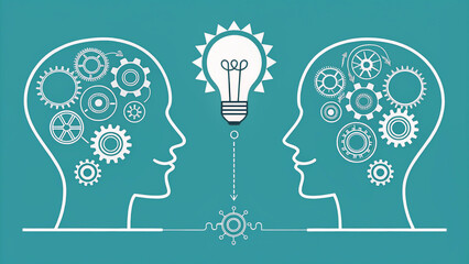 Two outline heads with gears and a lightbulb symbolize collaborative thinking, Teamwork and idea exchange shown through symbolic profiles and gears.

