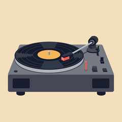 Vintage turntable playing vinyl record with tonearm and buttons on beige background vector illustration 