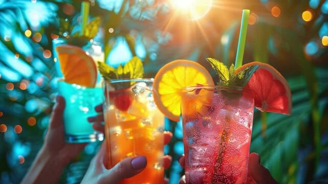 A vibrant scene featuring three colorful cocktails, adorned with fresh fruit garnishes, held high, with the warm, sunlit ambiance of a tropical paradise in the backdrop.