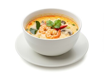 White bowl of Tom Yum soup with shrimp, mushrooms, and herbs in spicy creamy broth on white background