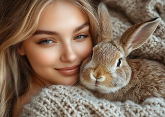 Woman holds rabbit, cozy sweater, indoors