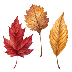 Fototapeta premium Set of three autumn leaves in warm red, gold, and orange hues