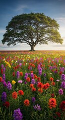 Standing Tree in Colorful Flower Field Landscape Against a Bright Sky