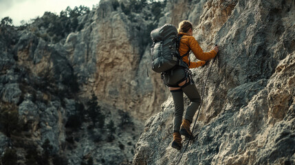 Model in rugged outdoor fashion climbing a rocky mountain trail. Dynamic and adventurous style