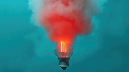 Burning Idea.  A glowing light bulb erupts in a cloud of red and white smoke against a teal background