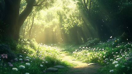 Fototapeta premium Sun-drenched pathway in a dense forest filled with blooming flowers and soft rays of sunlight peeking through leaves