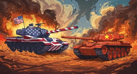 Fiery Confrontation: American and Chinese Tanks in a War-Torn Landscape