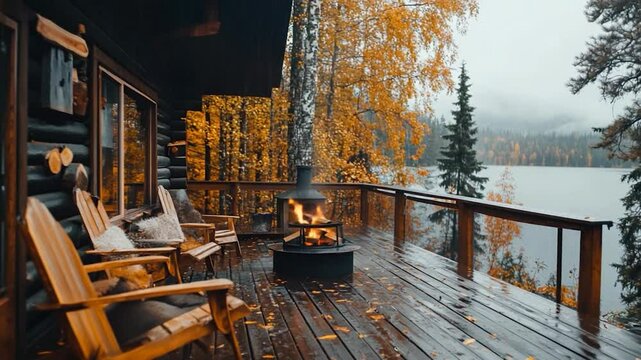 Cozy cabin porch fire on rainy autumn day
