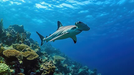 Fototapeta premium Magnificent Hammerhead Shark gracefully gliding through a vibrant coral reef