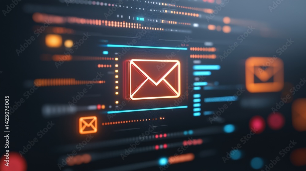 Poster a digital representation of email icons and notifications, showcasing modern communication technolog
