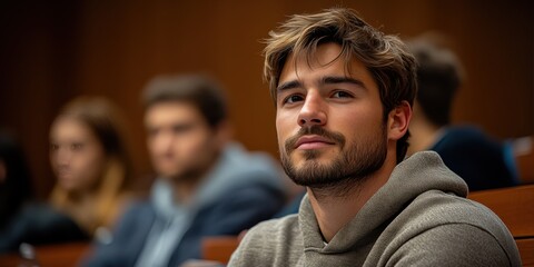 Fototapeta premium A man with a beard and a hoodie is sitting in a classroom