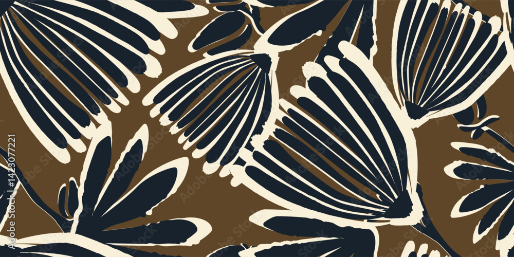 Poster abstract сontemporary seamless pattern with leaves and flowers in trendy boho style. vector botanica