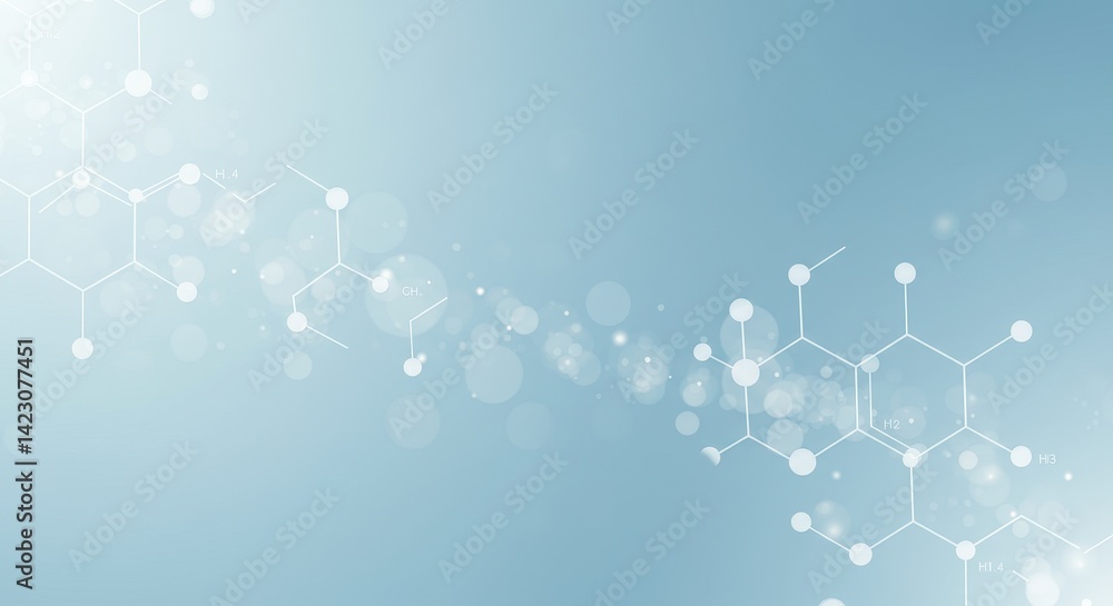 Poster abstract digital background with white molecular structures and hexagons on blue gradient symbolizin