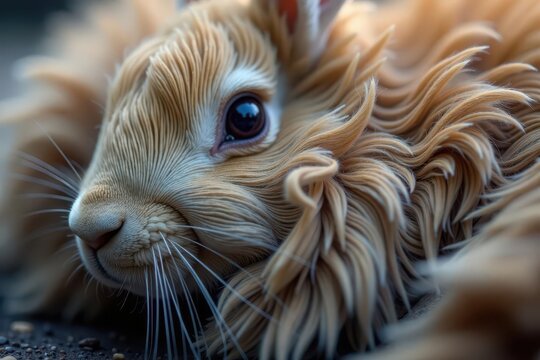 Intricate blend of brown, gray, & white rabbit fur fibers Close-up texture reveals soft, downy underfur , gray, fluffy texture
