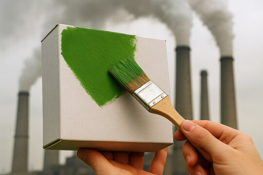 Greenwashing concept showing white box being painted green with factory chimneys with fumes in background