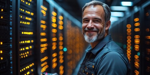 male cloud computing specialist in a data center, wearing a technical shirt